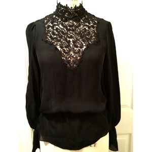ZARA Women's black sheer chiffon blouse with lace