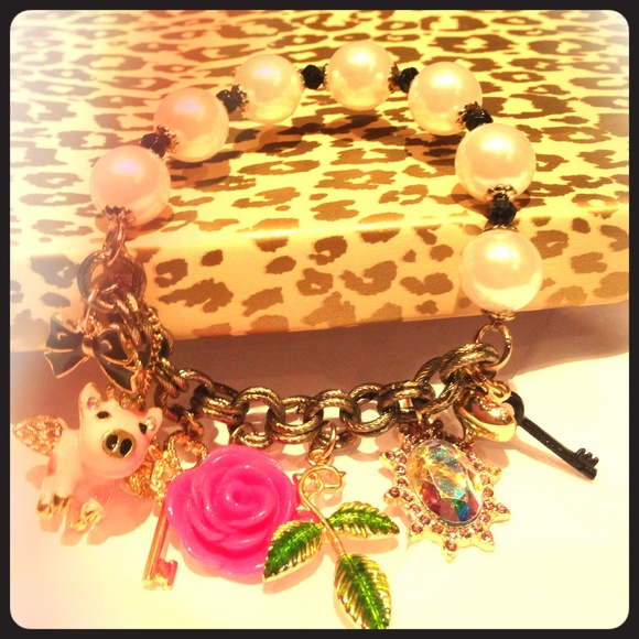Betsey Johnson rose and pig with wings bracelet