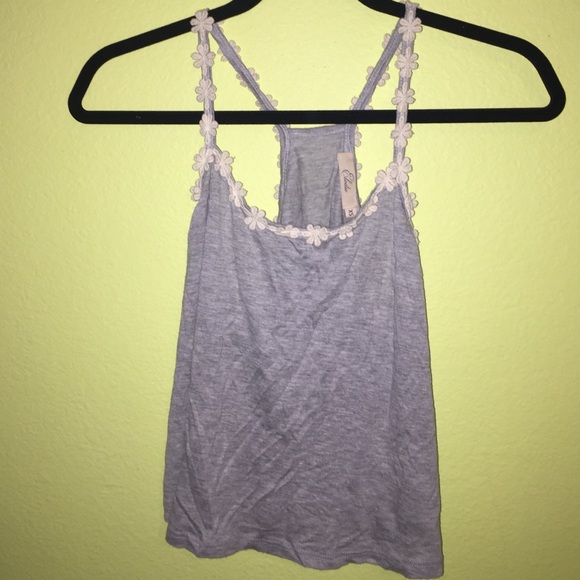 Grey Cropped Razorback Tank Top with Floral Trim