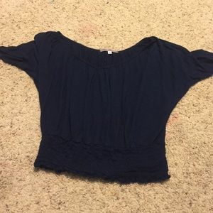 Navy blue short sleeve fringy top.