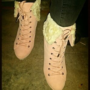 Suede Lace Up Booties with Fur