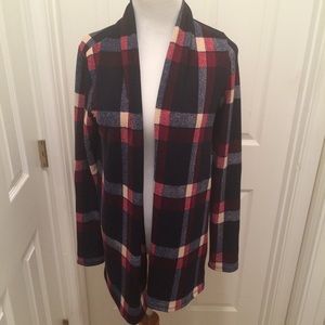 Navy plaid cardigan with suede elbow patches