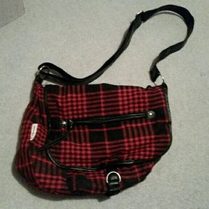 Red Plaid and Leather Accented Messenger Bag