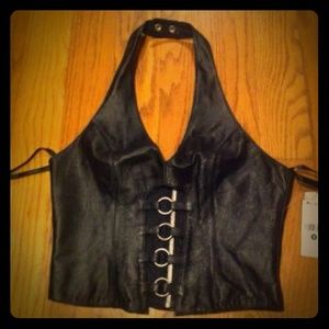 A women's leather shirt and skirt