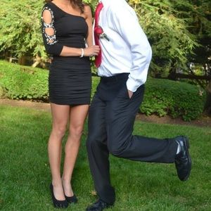 one sleeve dress with rhinestone holes, size S