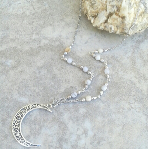 Agate And silver mix Silver Moon Layering Necklace