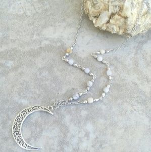 Agate And silver mix Silver Moon Layering Necklace
