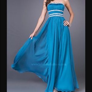 La Femme blue strapless prom dress