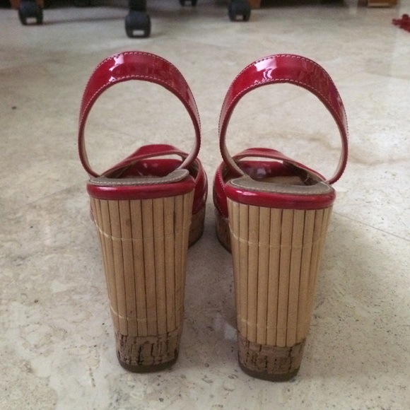 PRADA- Red Patent Leather Peeptoe/Slingback Wedge - Picture 3 of 4