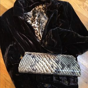 Sondra Roberts Embossed Patent Taupe Clutch SALE