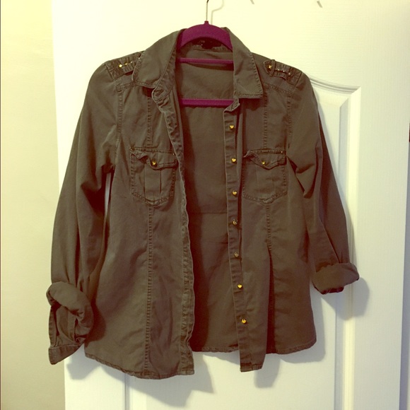 Olive green military button down