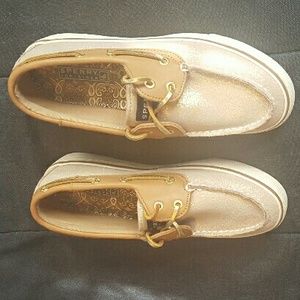 Shiny gold/tan Sperry Shoes
