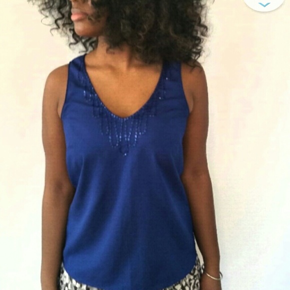 HP H&M cobalt blue beaded v neck sleeveless top