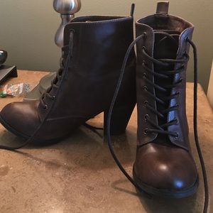 Brown heeled lace up booties (offers welcome)