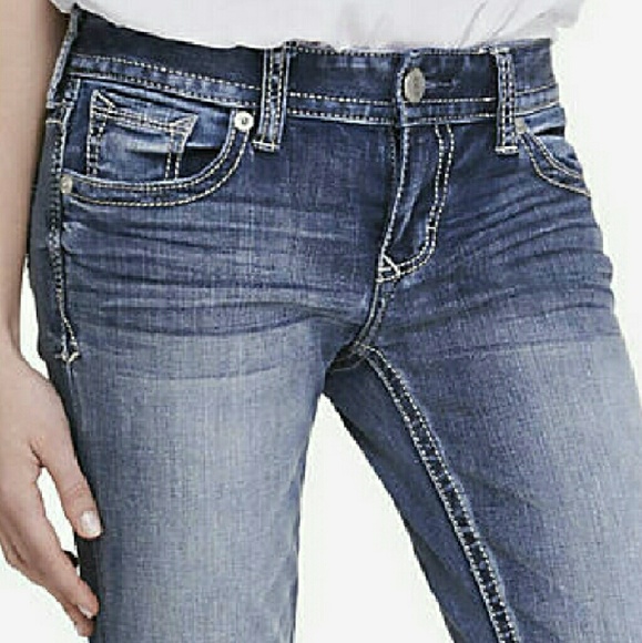 Express medium wash low rise barely boot jeans