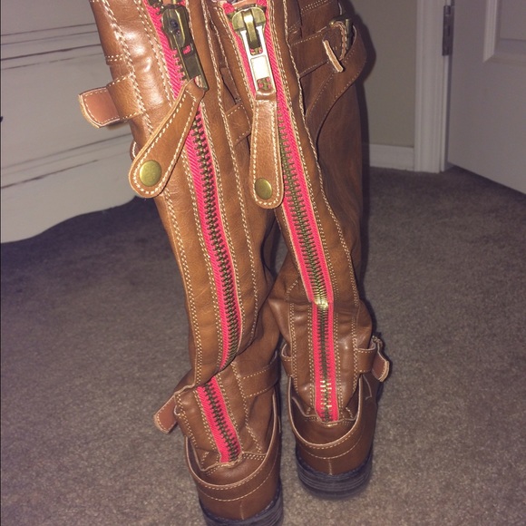 Brown knee high boots red zipper
