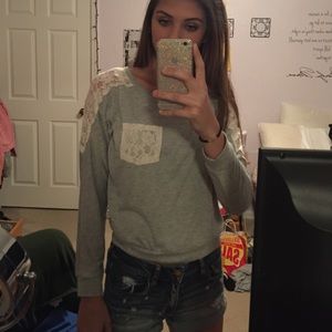Grey long sleeve with lace pocket & shoulders