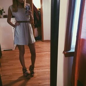 Navy blue striped and brown belted summer dress.