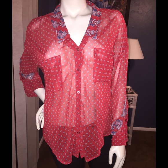 Free People (M) Blouse Sheer Red Blue EUC Medium!!