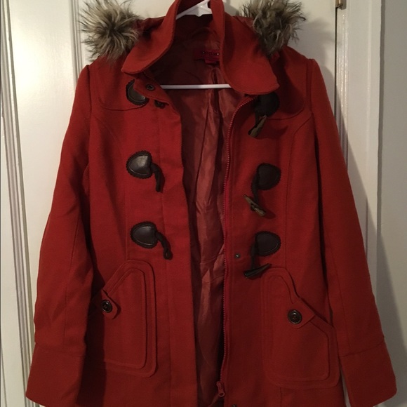 MODCLOTH red pea coat with fur hood