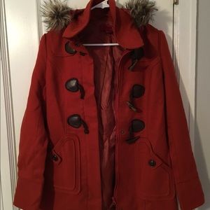 MODCLOTH red pea coat with fur hood