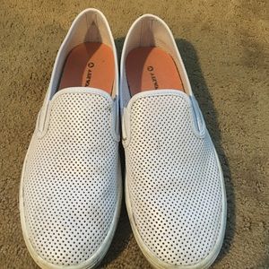white leather slip ons