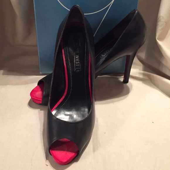 Nine West Shoes - Nine West Black Leather Red Bottom Peep Toe Pump