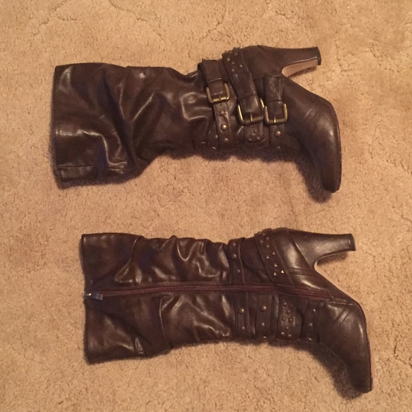 Brown Slouchy Studded Calf High Heeled Boots