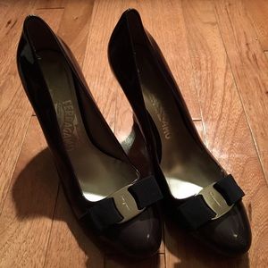 Authentic Ferragamo s 7.5 dark brown patent wedges