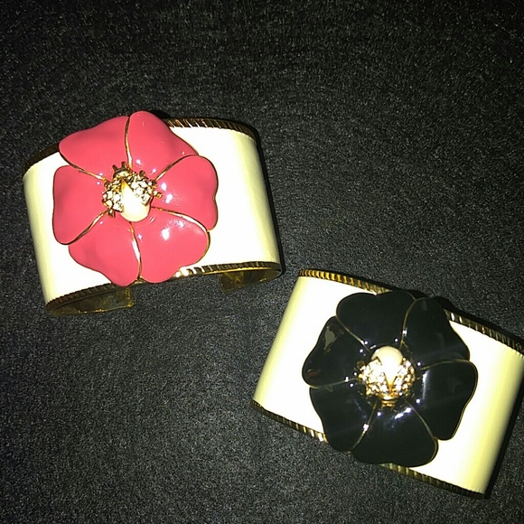 Enamel Bloom Cuff Bracelet Coral or Black