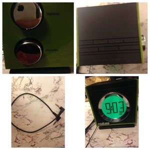 Neon green digital alarm clock and radio.