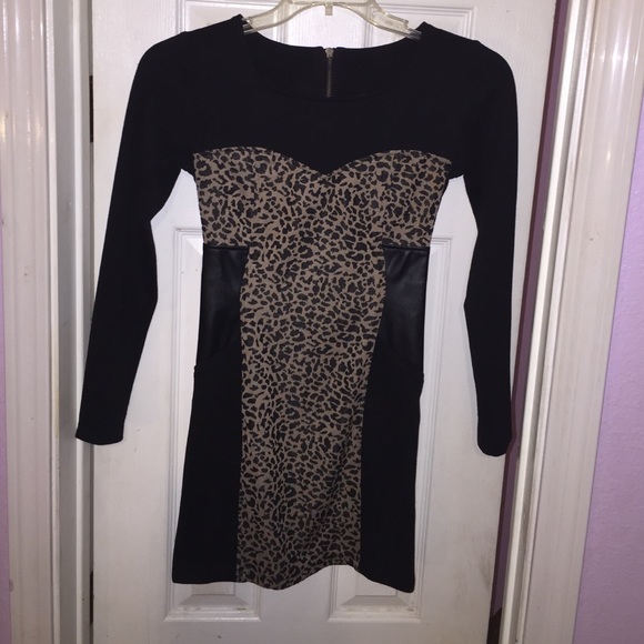Long Sleeve Black W/ Cheetah Print Bodycon Dress