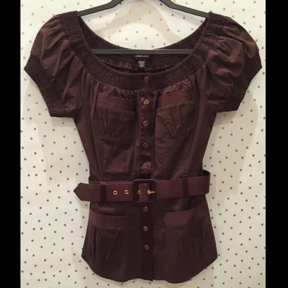 🎉REDUCED-Bebe off shoulder brown belted top-XXS - Picture 1 of 4