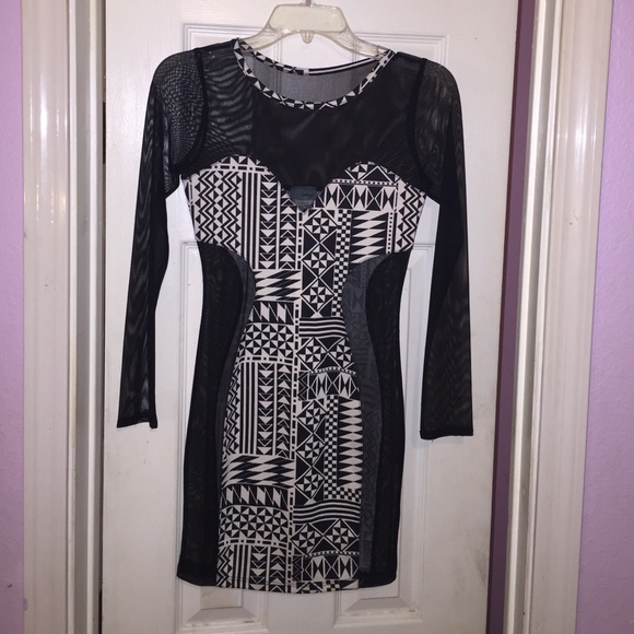 Black Mesh Aztec Print Fitted Dress