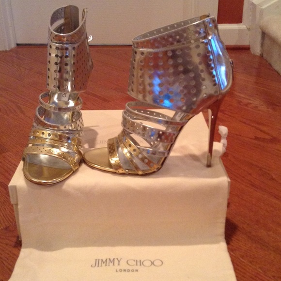 Auth Jimmy Choo"Milika" Silver/Gold Cutout Sandal