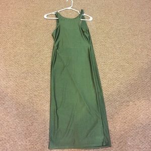 Shiny stretchy olive green midi dress