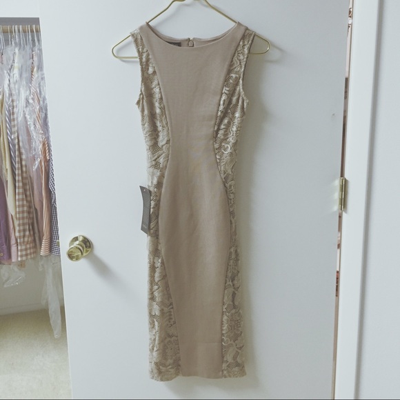BEBE bodycon nude lace dress !