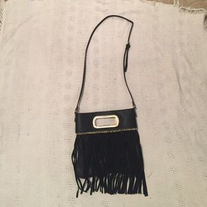 Black fringe purse with gold chain accent