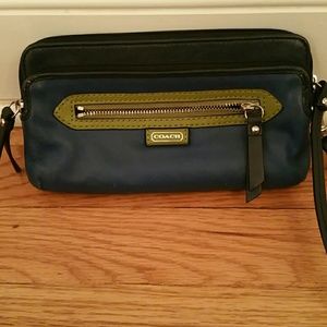 COACH blue and lime green wristlet.