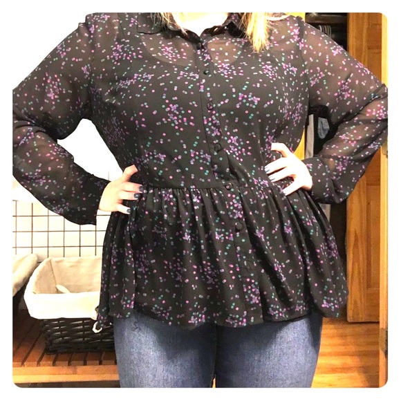 torrid Tops - Torrid: Sheer, hi-lo peplum style blouse.