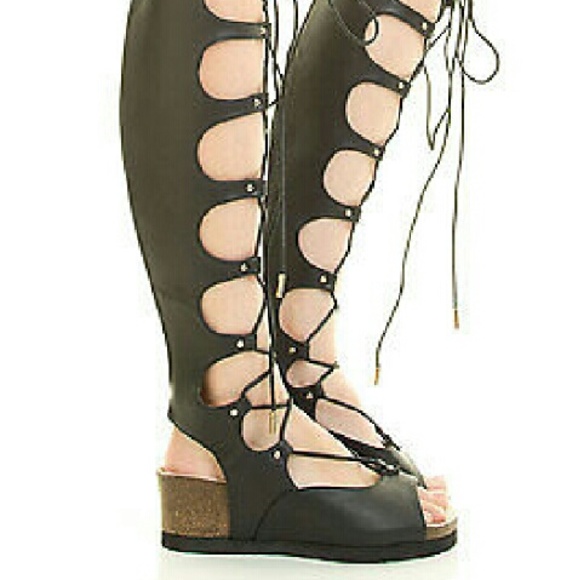 Strappy Cage CutOut Lace Up Gladiator Knee Sandal