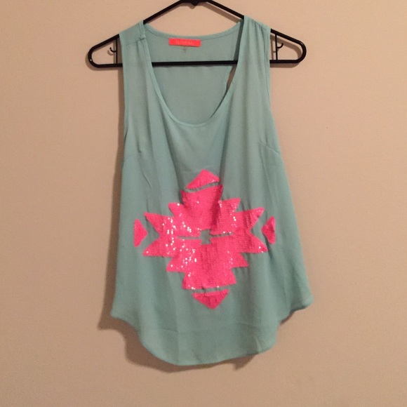 Light blue top with pink Aztec sequin detail - Picture 1 of 4
