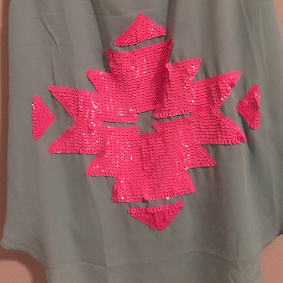 Light blue top with pink Aztec sequin detail - Picture 2 of 4