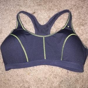 Charcoal grey and neon yellow padded sports bra