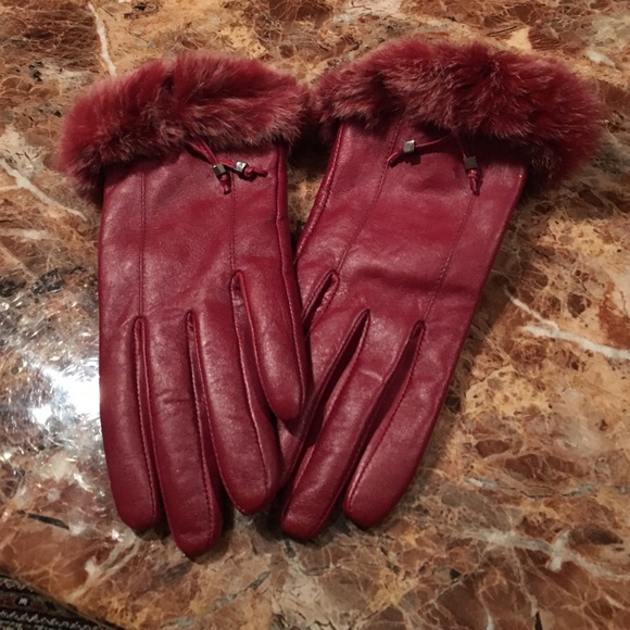 WINE COLOR LEATHER W/REAL REX RABBIT TRIM GLOVES - Picture 1 of 4