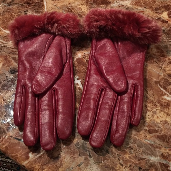 WINE COLOR LEATHER W/REAL REX RABBIT TRIM GLOVES - Picture 2 of 4