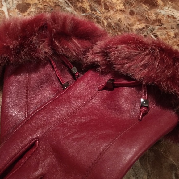WINE COLOR LEATHER W/REAL REX RABBIT TRIM GLOVES - Picture 3 of 4