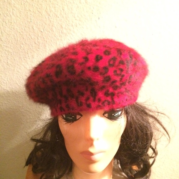 Vintage 60s Red Leopard Print Angora Beret Hat Mod