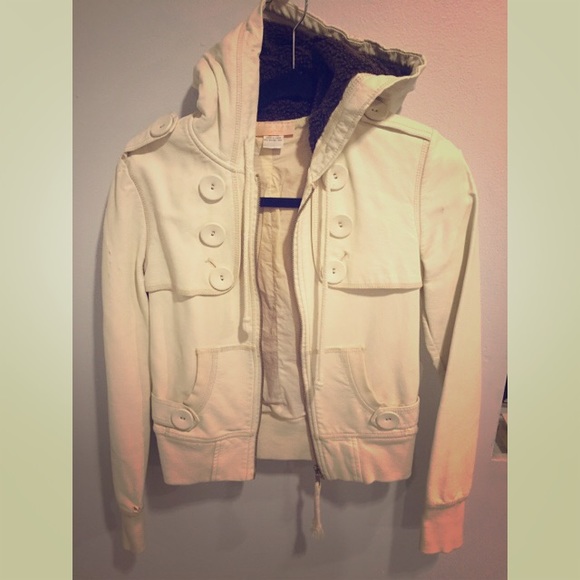 ‼️SOLD‼️Beige leather jacket with lined hoodie