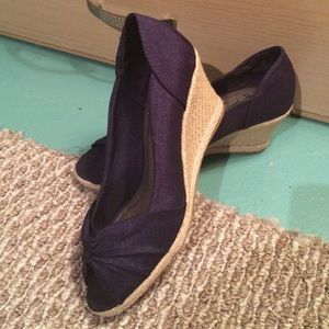 Navy blue peep-toe wedges